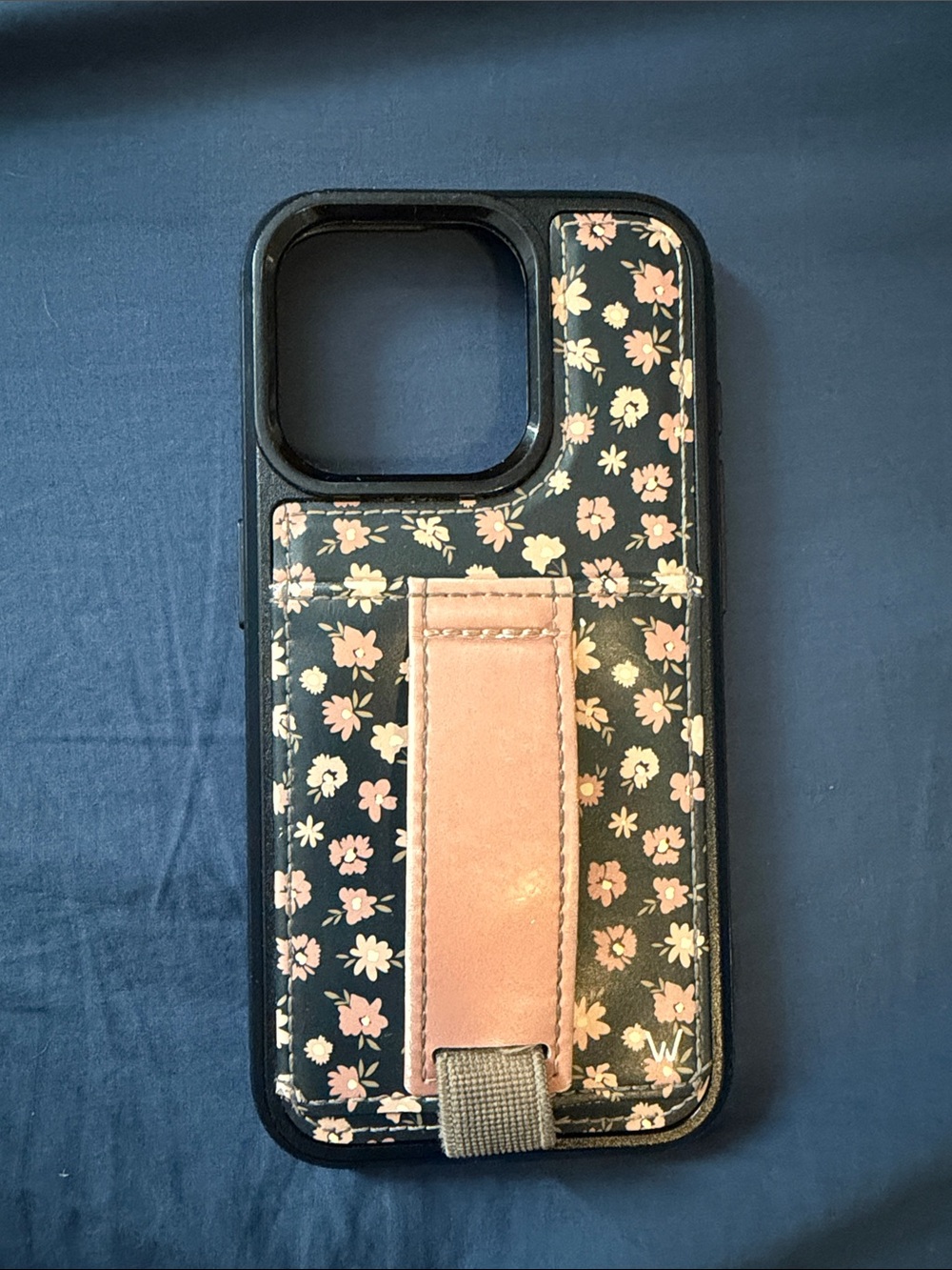 Walli black Iphone 15 PRO Floral Card Slot Phone Case with Strap
